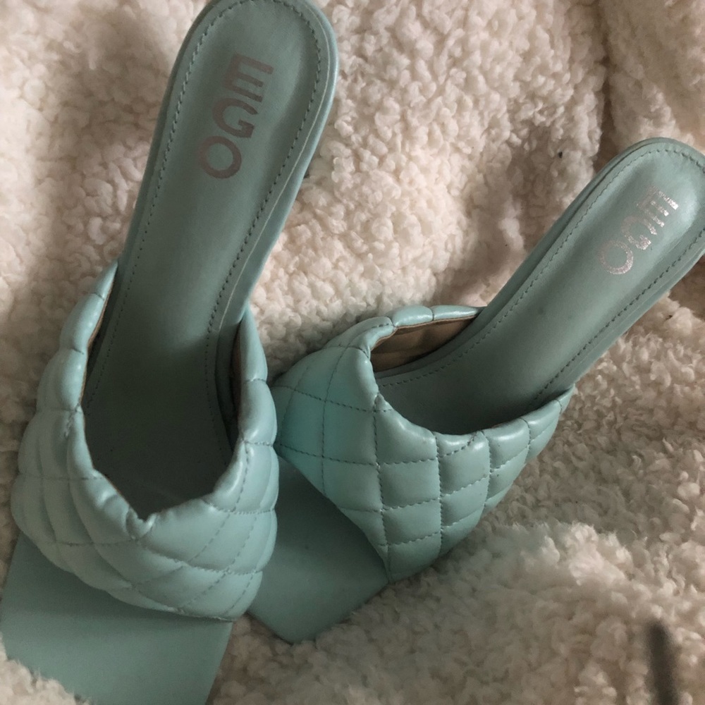 Blue Square Toe Kitten Heels